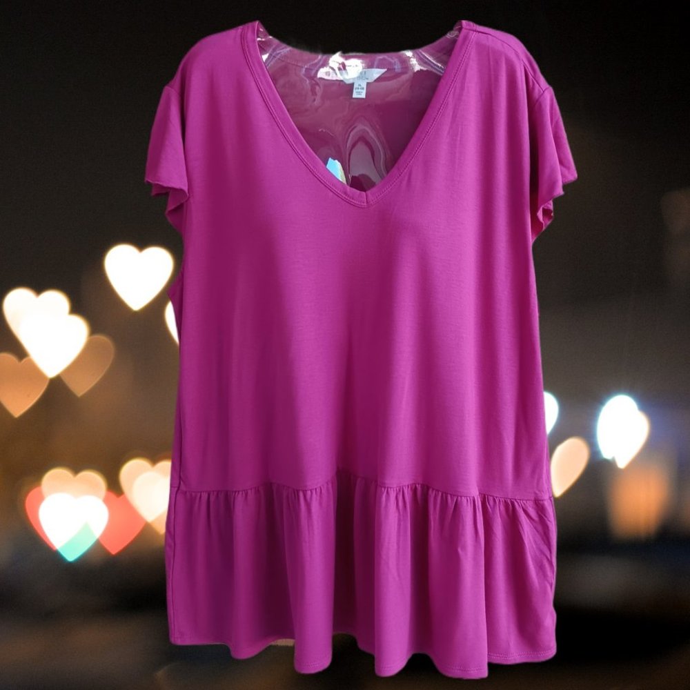 Time & Tru Women's Top Blouse Tiered Peplum Flutter Sleeve Berry Fun Size XL